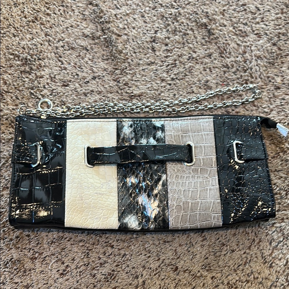 NWOT Black and Cream Color-Block Clutch with Textured Panels